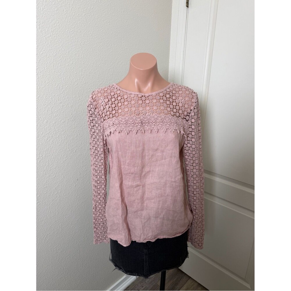 Francesca Bettini Pink Linen Crochet Lace Long-Sleeve Top Sz S